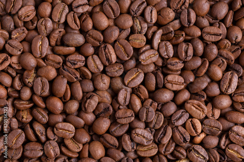 Roasted coffee grains close-up.. background. copy space. Free space for text