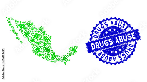 Green Mexico mosaic map combined of heroine poppy icons, and Drugs Abuse distress stamp. Vector heroine poppy scatter flat green elements are organized into mosaic map of Mexico country.
