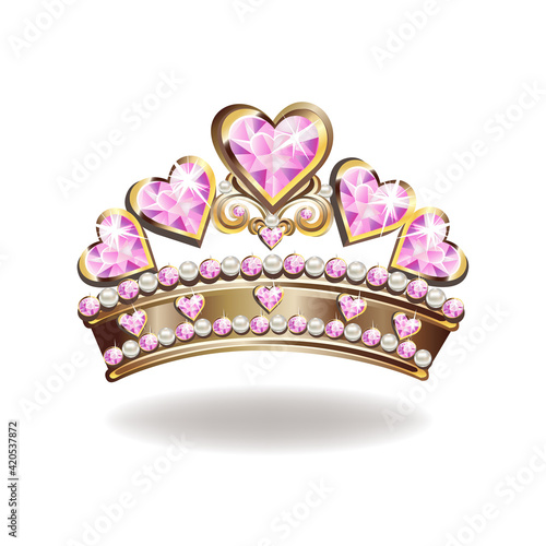 Princess crown or tiara with pearls and pink gems in the shape of a heart vector illustration isolated on white background.