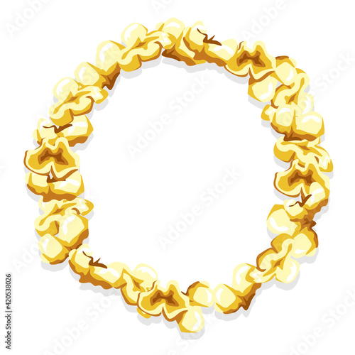 Vector round frame of popcorn in cartoon style on a white background with place for text. Template for advertising, postcard, poster.