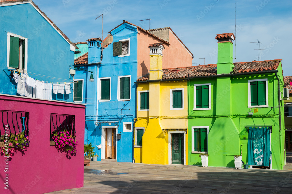Burano island, characteristic view of colorful houses, Venice lagoon, Italy, Europe