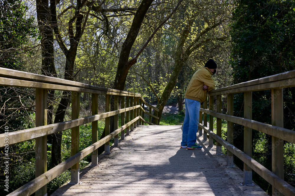 Man on a bridge in a lush forest Man on a bridge in a lush forest