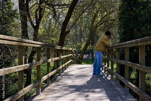 Man on a bridge in a lush forest © Ricardo