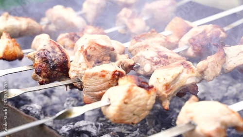 Grilled pork kebab. With a haze. High quality 4k footage