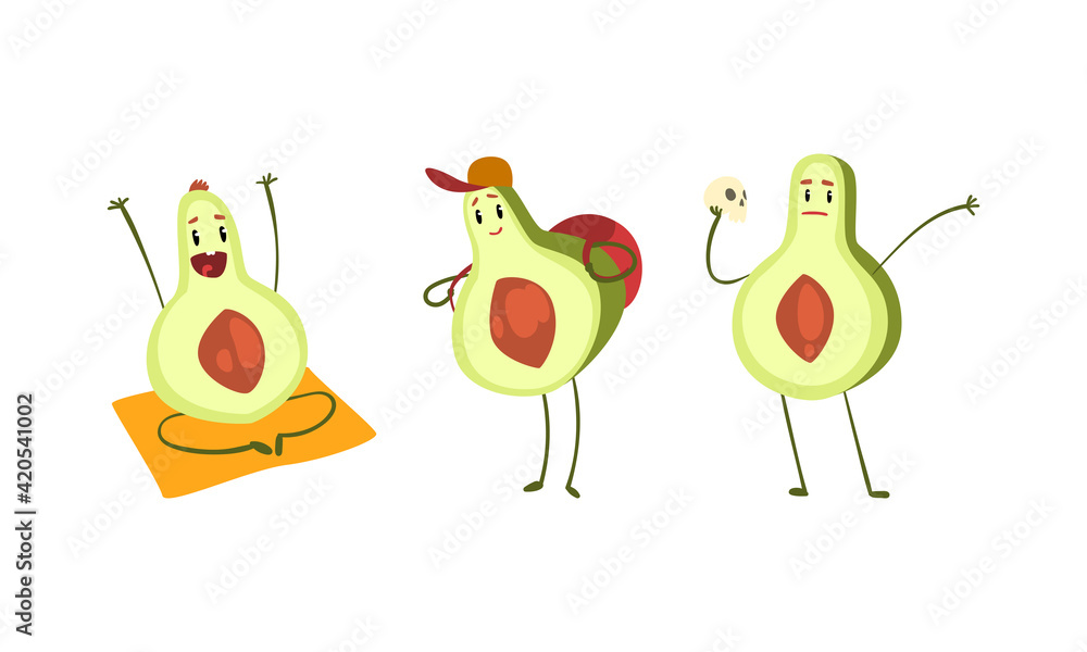 Naklejka premium Cute Avocado Characters Set, Funny Humanized Fruit Doing Sports, Traveling, Performing in Theater Cartoon Vector Illustration