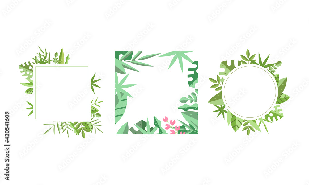Square Frames with Green Leaves Around Border Vector Set