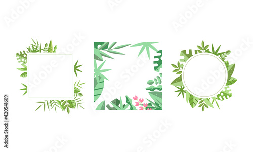 Square Frames with Green Leaves Around Border Vector Set