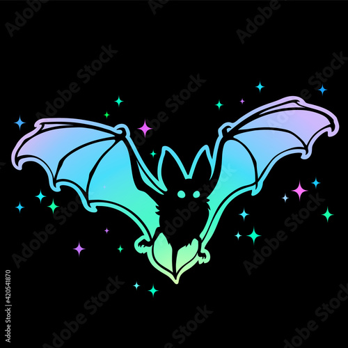 Cute flying bat on holographic iridescent background