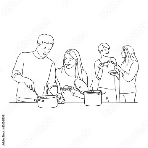 Friends cooking. Hand drawn illustration on white background.