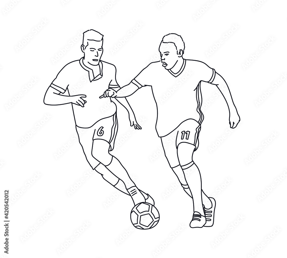 Football players disputing a ball. Hand-drawn scene. 