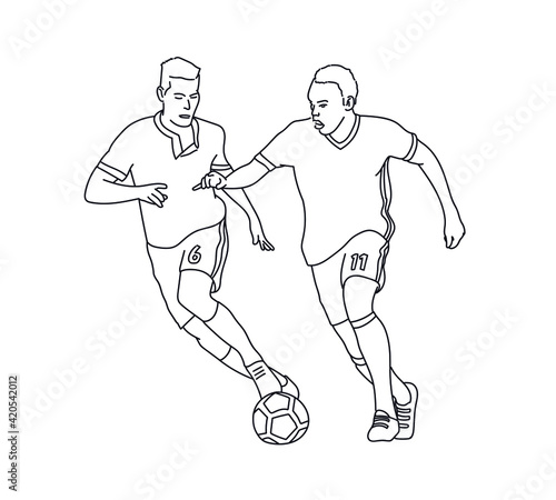 Football players disputing a ball. Hand-drawn scene. 