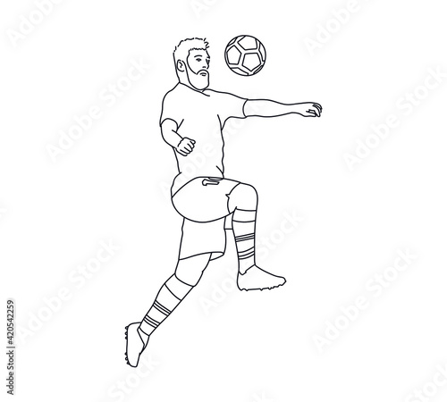 Football player controls a ball with his chest. Hand-drawn scene. 