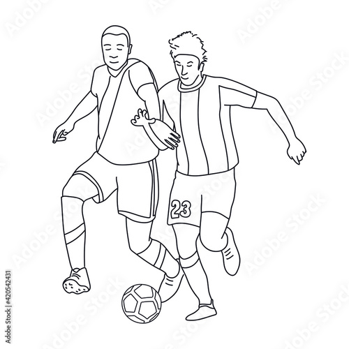 Football players disputing a ball. Hand-drawn scene. 
