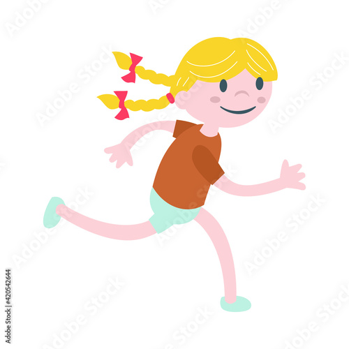 Girl running. Isolated vector illustration. Childish style.
