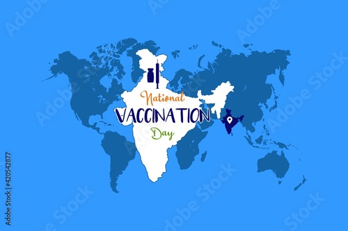 National vaccination day typography and Indian vector map on the world map. Vector for poster, banner, t-shirt, and background. Importance for Covid-19 awareness. Vaccine and syringe clip