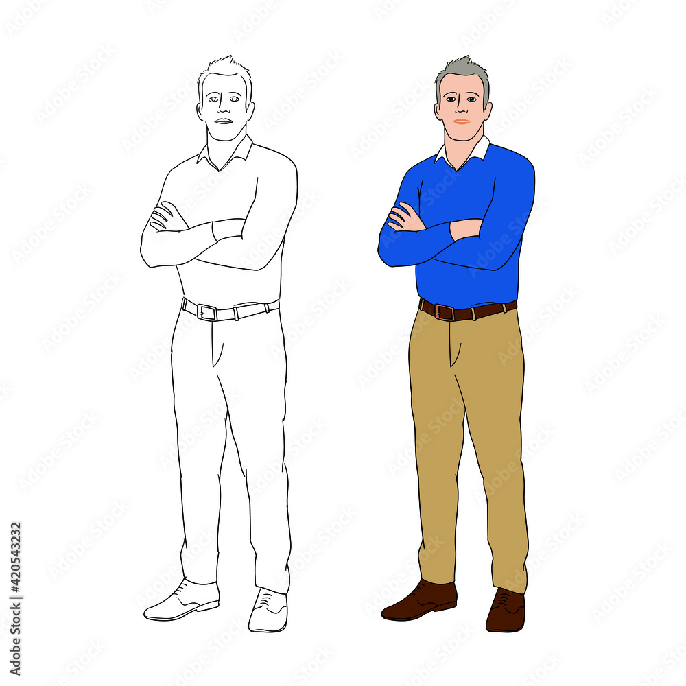 Adult man with crossed arms. Isolated hand-drawn illustration