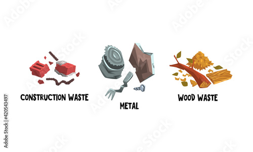 Garbage with Construction Waste, Metal and Wood Waste Vector Set