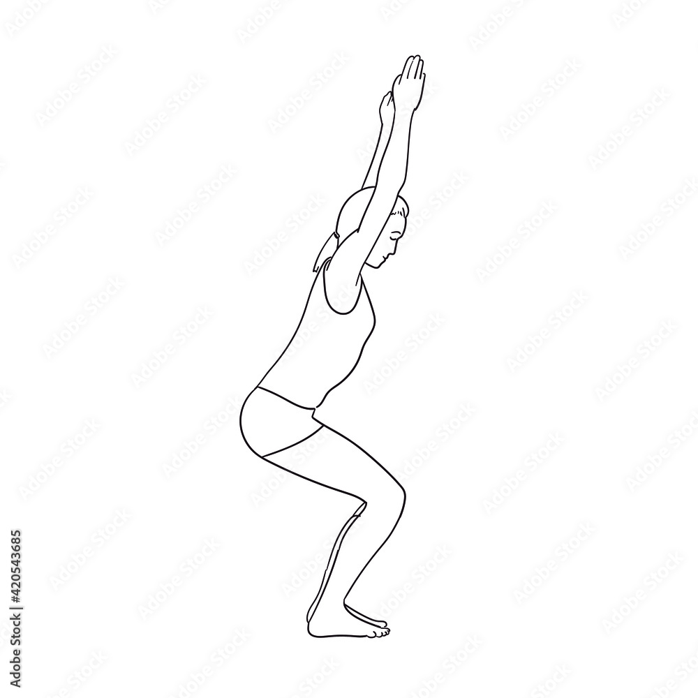 Yoga Chair pose. Sketch of woman on white background Yoga Chair pose. Sketch of woman on white background