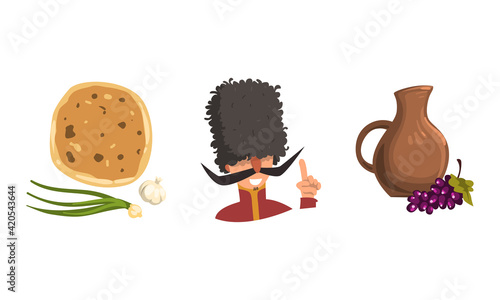 Georgia National Symbols with Jug with Grape Wine, Headdress and Cuisine View Vector Set
