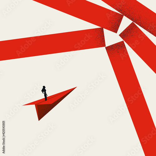 Woman breaking barrier, overcome challenge vector concept. Symbol of strength, leadership. Minimal illustration.