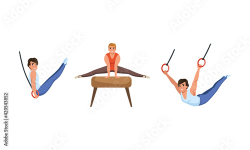 Young Guy Training on Different Gymnastics Apparatus Like Pommel Horse and Rings Vector Set
