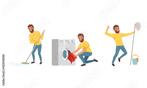 Happy Bearded Man in Yellow Sweater Mopping the Floor and Doing Laundry Vector Set