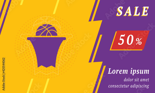Sale promotion banner with place for your text. On the left is the basketball symbol. Promotional text with discount percentage on the right side. Vector illustration on yellow background