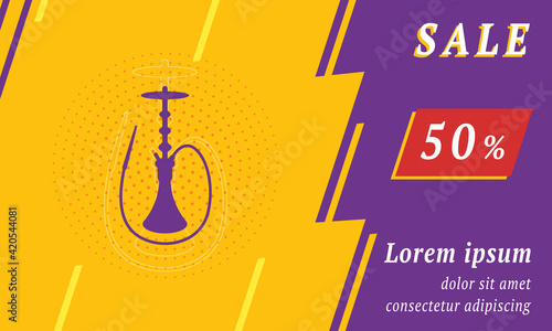 Sale promotion banner with place for your text. On the left is the hookah symbol. Promotional text with discount percentage on the right side. Vector illustration on yellow background