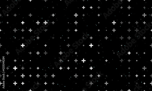 Seamless background pattern of evenly spaced white plus symbols of different sizes and opacity. Vector illustration on black background with stars