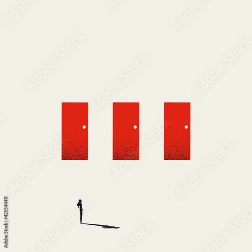 Business gender discrimination in career, vector concept. Woman standing in front of closed doors.
