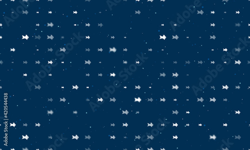 Seamless background pattern of evenly spaced white gold fish symbols of different sizes and opacity. Vector illustration on dark blue background with stars