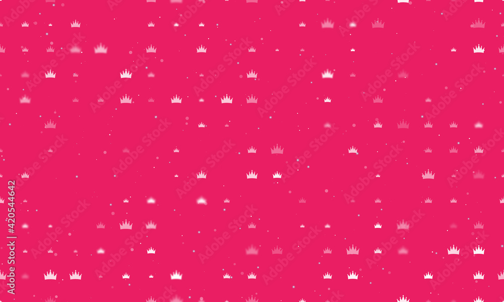 Seamless background pattern of evenly spaced white crown symbols of different sizes and opacity. Vector illustration on pink background with stars Seamless background pattern of evenly spaced white crown symbols of different sizes and opacity. Vector illustration on pink background with stars