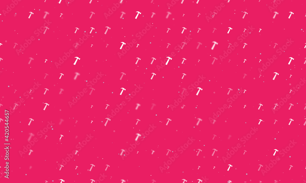 Seamless background pattern of evenly spaced white hammer symbols of different sizes and opacity. Vector illustration on pink background with stars Seamless background pattern of evenly spaced white hammer symbols of different sizes and opacity. Vector illustration on pink background with stars