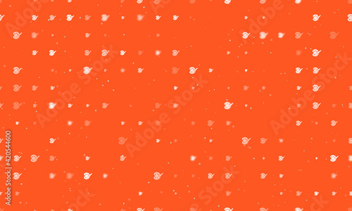 Seamless background pattern of evenly spaced white palette symbols of different sizes and opacity. Vector illustration on deep orange background with stars