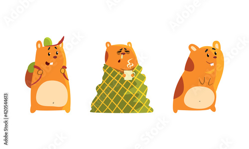 Cute Hamster as Small Pet with Cheek Pouches Walking with Backpack and Having Runny Nose Vector Set