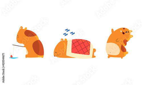 Cute Hamster as Small Pet with Cheek Pouches Sleeping Under Blanket and Fishing Vector Set