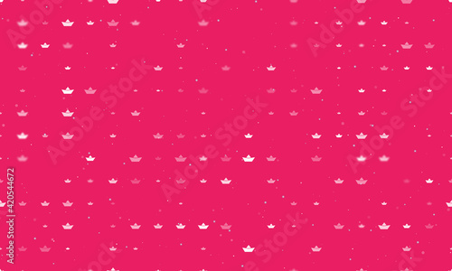 Seamless background pattern of evenly spaced white paper boat symbols of different sizes and opacity. Vector illustration on pink background with stars