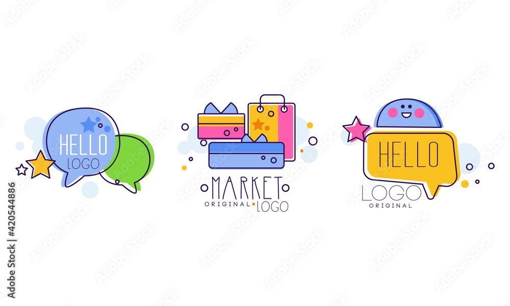Market Logo Design with Shopping or Purchase Bag and Hello Bubbles Vector Set Market Logo Design with Shopping or Purchase Bag and Hello Bubbles Vector Set