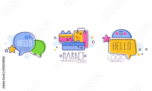 Market Logo Design with Shopping or Purchase Bag and Hello Bubbles Vector Set