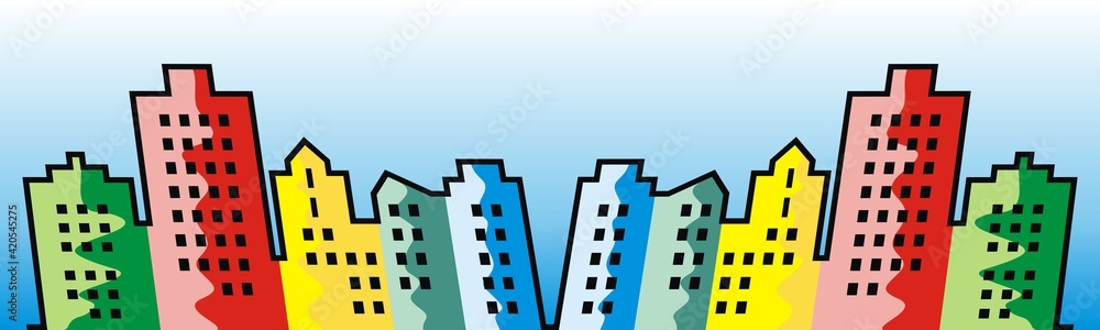 Multicolored town, vector illustration. Silhouette of colorful houses. Colored plasters on facades. Modern living in the city.