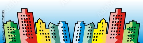Multicolored town, vector illustration. Silhouette of colorful houses. Colored plasters on facades. Modern living in the city.