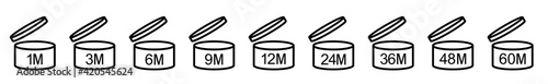Pao icon set. Pao signs collection.Period after opening sign set. Cosmetic product expiration. Expire date from 1 to 60 month. Vector illustration.