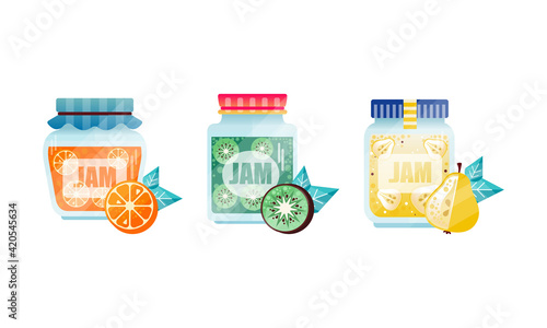 Jam or Marmalade as Fruit Preserve in Glass Jar Vector Set