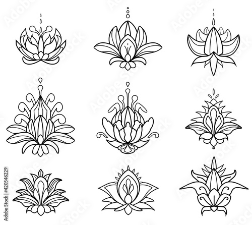 Mehndi set of Henna lotus. Hand drawn tatoo flowers. Floral paisley decorations in oriental, Indian, folk or ethnic style. Outline doodle vector ornament with editable stroke.