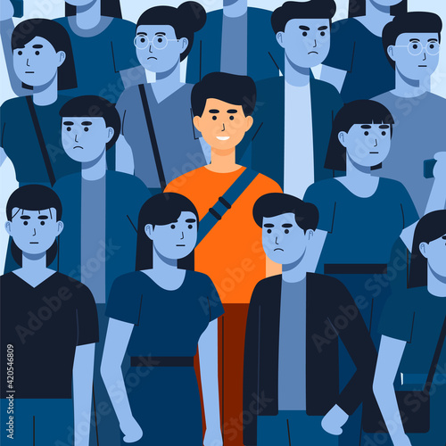 Happy and satisfied young man surrounded by depressed, unhappy, sad and angry people. Smiling person in crowd. Funny cheerful guy and society. Colorful vector illustration in flat cartoon style
