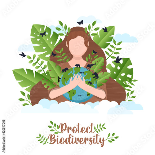 Protect biodiversity concept woman hugging planet