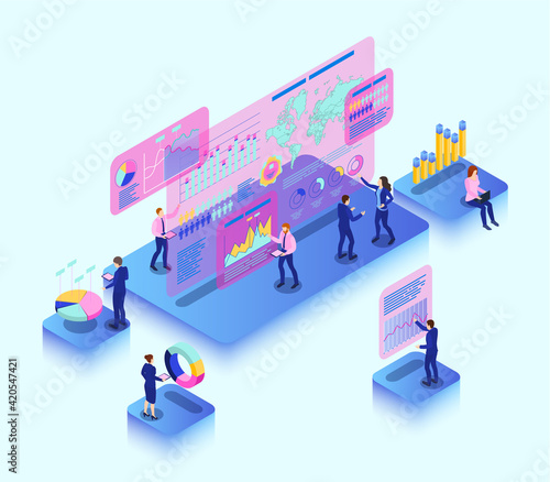 Color Characters People and Interacting Charts Analyzing Concept. Vector