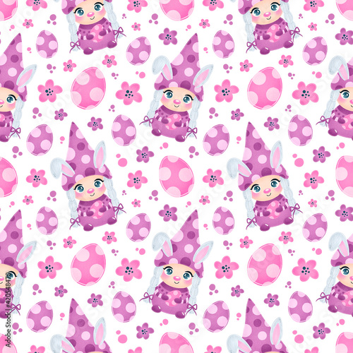 Cute easter gnome girl with bunny ears seamless pattern