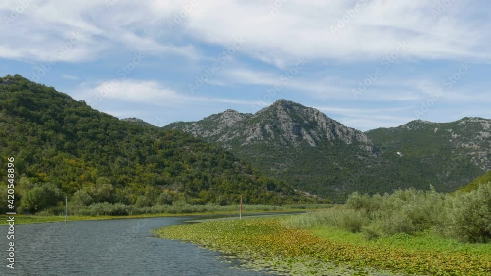 The stunning beauty of the natural landscape of Lake Skadar, in the national park of Montenegro from the side of a floating boat. Water lilies, fresh water against backdrop of mountains. Virgin nature