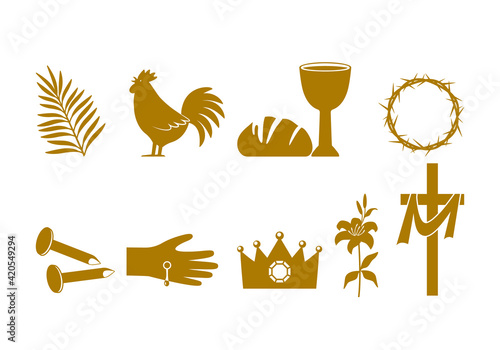 Christian Easter icon symbols. palm branch, cross of Jesus Christ, rooster, crown of thorns, bowl and bread, crucified palms.